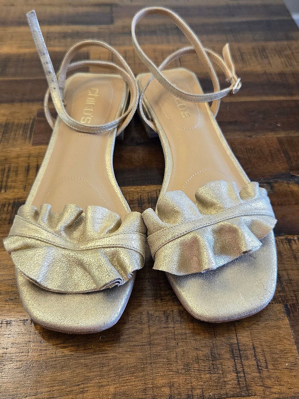 Chico's Gold Ruffle Ankle-Strap Sandals, Sz 8